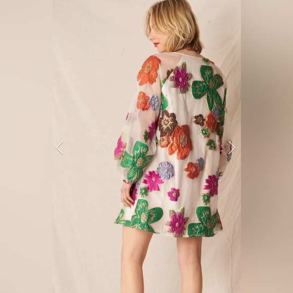 NWT En Crème Floral Organza Bubble Sleeve Mini Dress LARGE - Picture 2 of 6